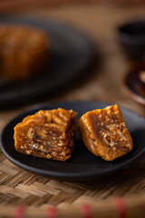 Close-up of sliced mooncake showing sweet filling