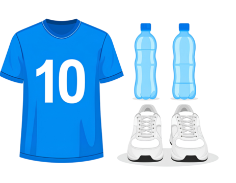 Sports Kit Blue Jersey Number 10, White Sneakers, and Water Bottle for Training and isolated on a transparent background.