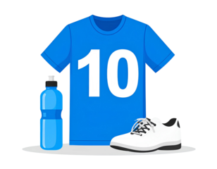 Sports Kit Blue Jersey Number 10, White Sneakers, and Water Bottle for Training and isolated on a transparent background.
