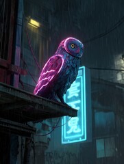 Pixelated owl neon sign is illuminated with pink and blue lights perched on a building in rainy cityscape, cyberpunk setting. The background shows dark buildings and wet streets.