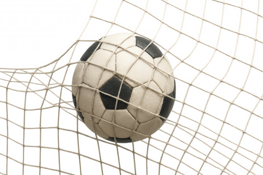 Soccer ball impacting goal net, representing sports competition, success, score, winning, or achievement. Has a transparent background