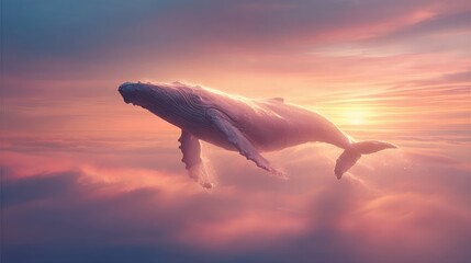 A pixelated whale soars through a vibrant, dreamy sky filled with pink and orange clouds at sunset. Digital render of marine life in a fantasy setting.