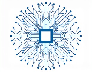 Intricate blue circuit board pattern radiating from a central digital core, symbolizing advanced technology, artificial intelligence, data processing, and global network connectivity