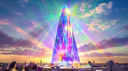 A tall, prismatic skyscraper emanates rainbow light against a sunset sky. The cityscape is shown below. The building has a geometric and futuristic style.