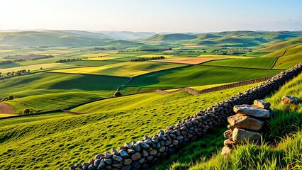 Rolling Hills Scenic View, Pastoral Farming Landscape, Tranquil Rural Vista, Open Fields, Green Meadow Sunset, Idyllic Farm Scene, Agricultural Land Use.