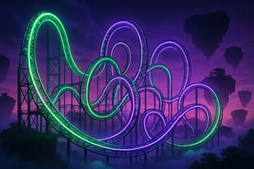 A vibrant rollercoaster with glowing neon purple and green lights illuminated against a nighttime sky, featuring floating islands. Pixel art style with a futuristic, fantasy aesthetic.