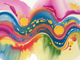 Abstract watercolor painting featuring colorful swirls and organic shapes in various hues