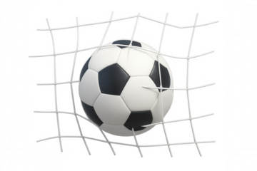 Soccer ball hitting goal net, scoring a point, celebrating championship victory, transparent background