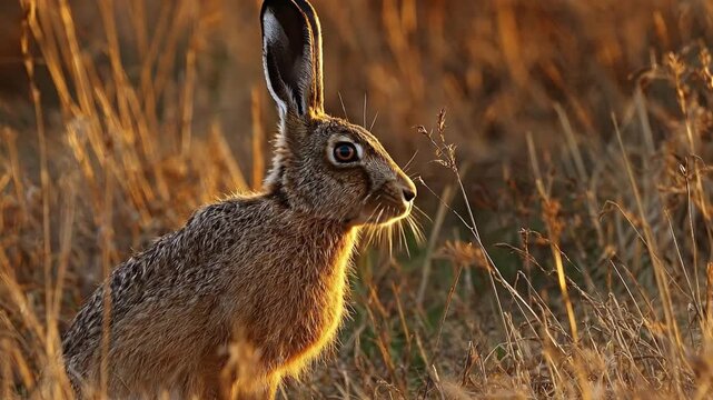 A magnificent wild hare stands alert amidst a sun-drenched field of golden dry grass, its prominent long ears perked up, listening intently to its surroundings. The warm, soft light of either sunrise 