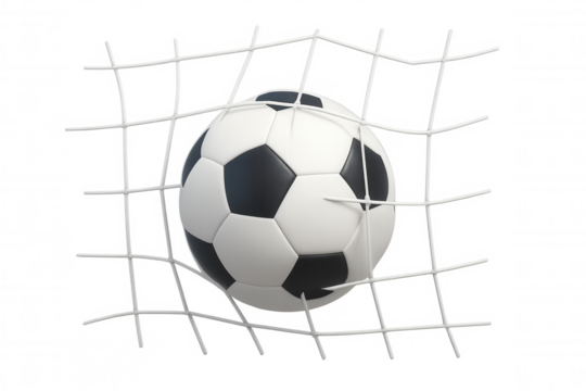 Soccer ball hitting goal net, scoring a point, celebrating championship victory, transparent background