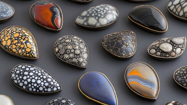 Collection of teardrop shaped gemstone pendants on a gray surface, artistic details