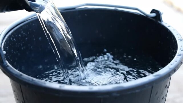 Clear water pouring into a black bucket filling up.