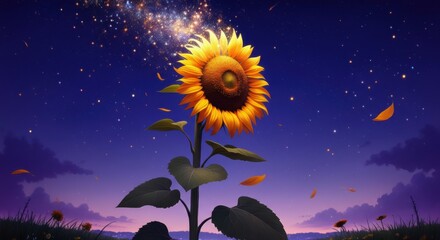 Single Sunflower with Falling Petals against Night Sky Pixel Art