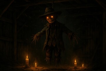 A menacing scarecrow with glowing eyes stands ominously in a dark barn, illuminated by the flickering light of several candles. Its straw-filled body and rustic attire evoke a sense of rural dread.