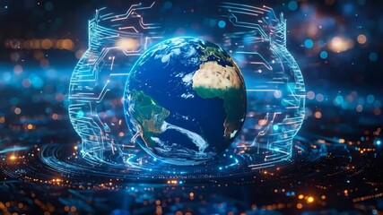 Technological earth globe projection with futuristic digital shield hologram effects - Powered by Adobe