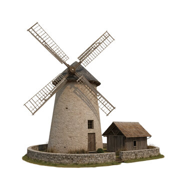 Picturesque windmill with stone structure, evoking a sense of rustic charm and historical