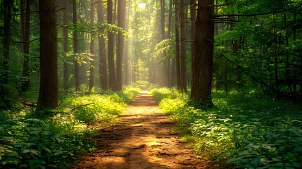 A sunlit path winding through a vibrant forest, inviting exploration and adventure. The forest is bathed in sunlight