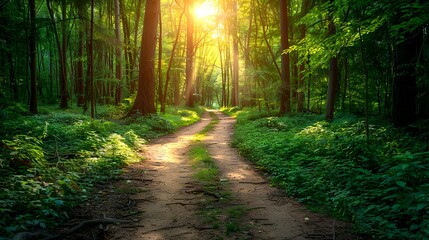 Obraz premium a scenic pathway winds through a lush, sun-dappled forest, bathed in golden light