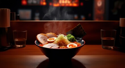 Close-up display of a steaming ramen bowl featuring various toppings such as generic meat slices, sliced boiled egg, green onion and seaweed on a wooden table in a softly lit restaurant.