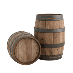 Rustic wooden barrels isolated against a transparent space, showcasing aged texture and