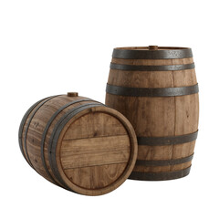 Pair of vintage wooden barrels crafted with rustic charm and simple background