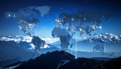 Global Connectivity - A World Map Overlay on Mountain Peaks.