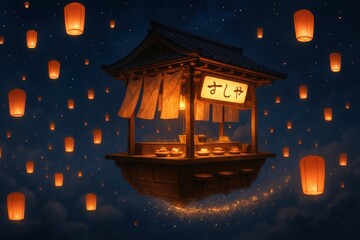 A traditional Japanese building floats in the night sky surrounded by glowing lanterns, creating a magical and dreamlike pixel art scene.