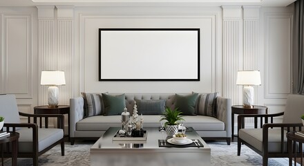 Elegant living room with a plush sofa, ornate wall paneling, and a large blank frame above the fireplace