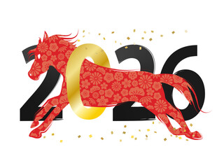 午年の赤の馬　金色と黒の2026の筆文字