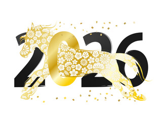 午年の金の馬　金色と黒の2026の筆文字
