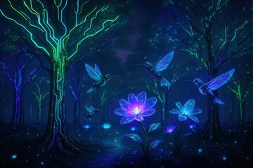A vibrant digital forest featuring glowing trees, flowers, and hummingbirds set against a twilight backdrop. The scene is alive with pixelated details and luminescent colors.