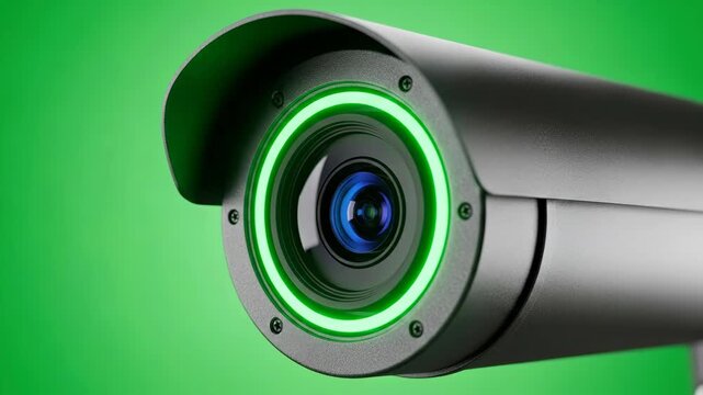 Security camera with glowing green ring. Surveillance system for smart home, control, safety concept. Technology footage.