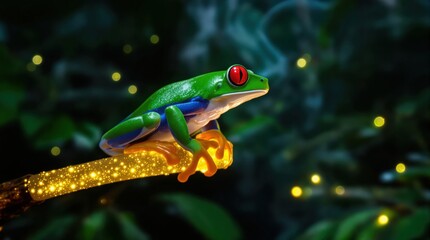 Close-up of a vibrant green tree frog with striking red eyes, perched on a glowing golden branch in a twilight setting. The colorful amphibian stands out against the dark, lush foliage.