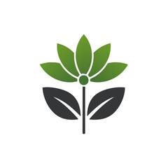 Stylized green flower with dark leaves and stem simple design icon