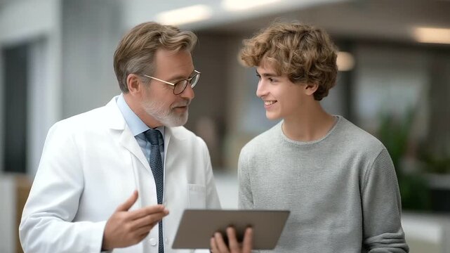 male psychiatrist demonstrating neurofeedback app on tablet to young adult soft notification tone learning innovation three quarter wide angle cinematic color correction gentle