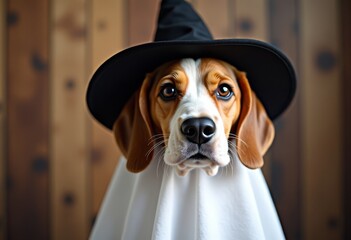 A beagle dog dressed as a ghost wearing a black brimmed hat for Halloween