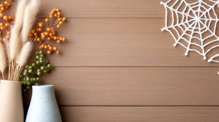 Fototapeta premium Minimal autumn home decor with pampas grass, berries and crochet spider web on wooden background, warm cozy atmosphere