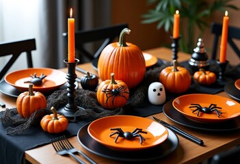 Halloween table setting with holiday paraphernalia: pumpkins, spiders, ghosts