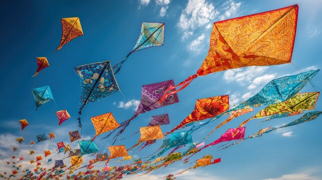 Colorful kites flying in a clear blue sky captivating view of outdoor festivities