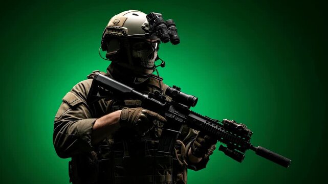 Military man in camouflage uniform with weapon. Special forces soldier on green screen. Army, military industry concept footage.