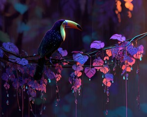 Vibrant image of a toucan perched on a branch with lush purple foliage, gently kissed by rain. Dark ambience enhances the exotic beauty of this tropical bird in its natural habitat.