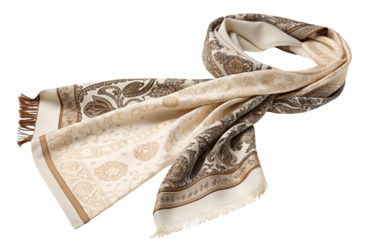 Elegant cream and brown patterned silk scarf with fringed edges for fashionable style