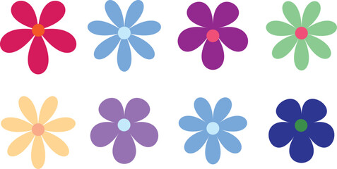 daisy flower set. decorative elements. Spring summer decoration element. Groovy hippy daisy flowers. Radial symmetry wild flowers
