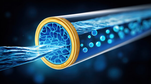 High tech cutaway view of reverse osmosis membrane element showing water flow, porous membrane structure and filtration action with dynamic blue