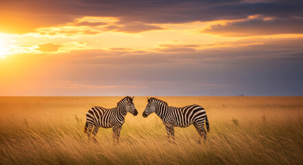 Two zebras stand close together in a golden savanna field at sunset, silhouetted against a warm, dramatic sky.