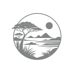 Savanna Silhouette Tree, Lake, and Mountains Design illustration