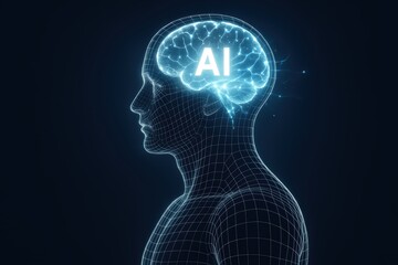 Fototapeta premium Mind of AI: A futuristic, minimalist view of a human's mind, visualized as a three-dimensional wireframe model infused with glowing elements, symbolizing the dawn of artificial intelligence.
