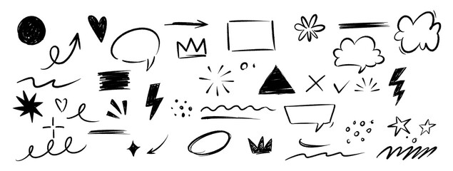 Hand drawn doodle elements set. Arrows, stars, hearts, speech bubbles, crowns, lines, shapes, and symbols. chalk,  sketch design for notes, highlights, decoration, social media, and creative projects.