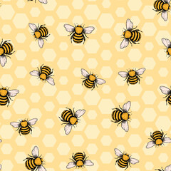Seamless pattern with bees. Small wasp. Vector illustration. Design for invitation, cards, textile, fabric. Doodle style.