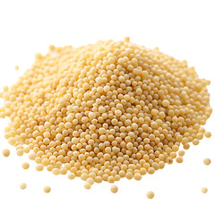 Pile of small yellow beads scattered on a dark surface detailed macro view